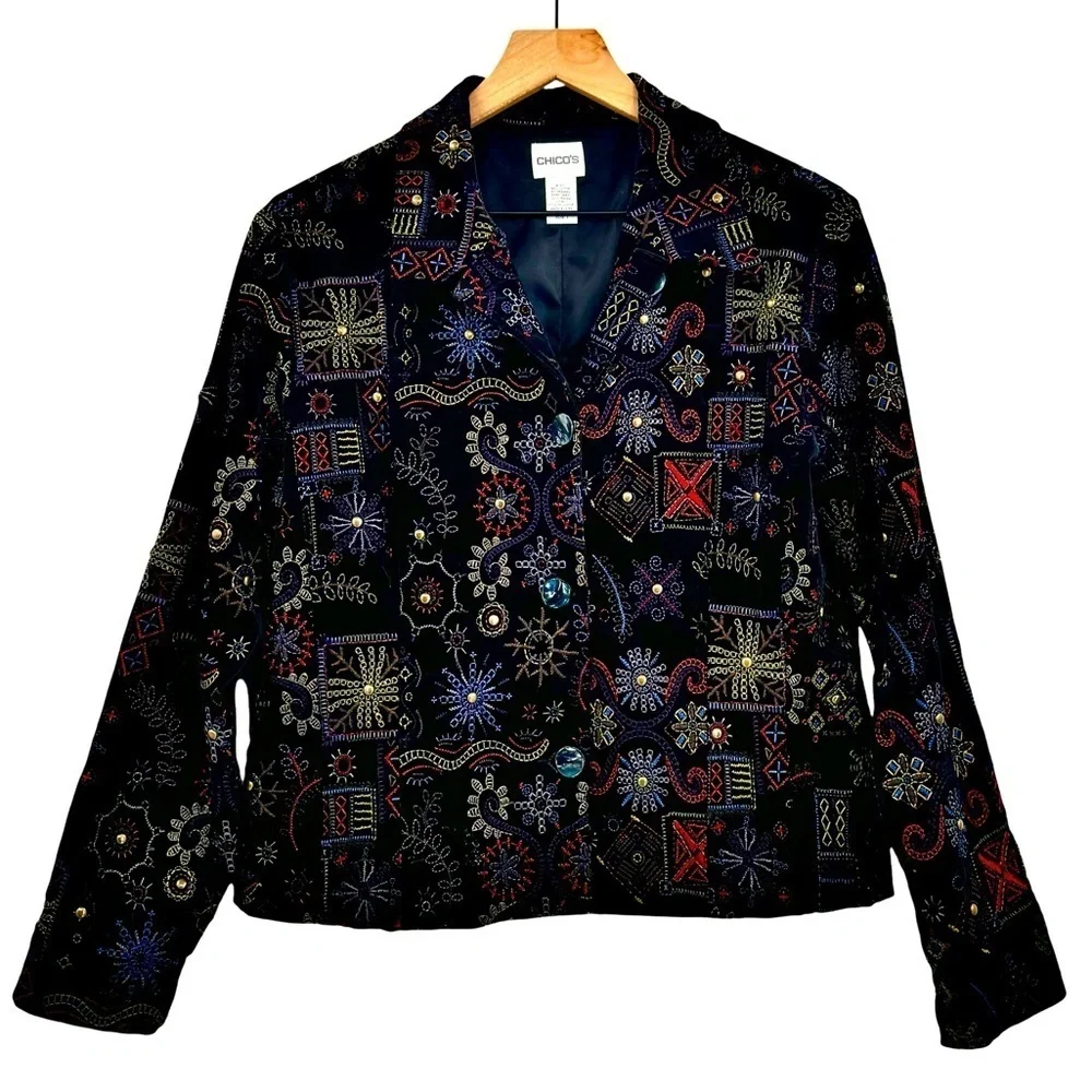 Chico's Statement Jacket Black Velour Colorful Embroidery Studded Boxy | 1 8/10 - Picture 2 of 11